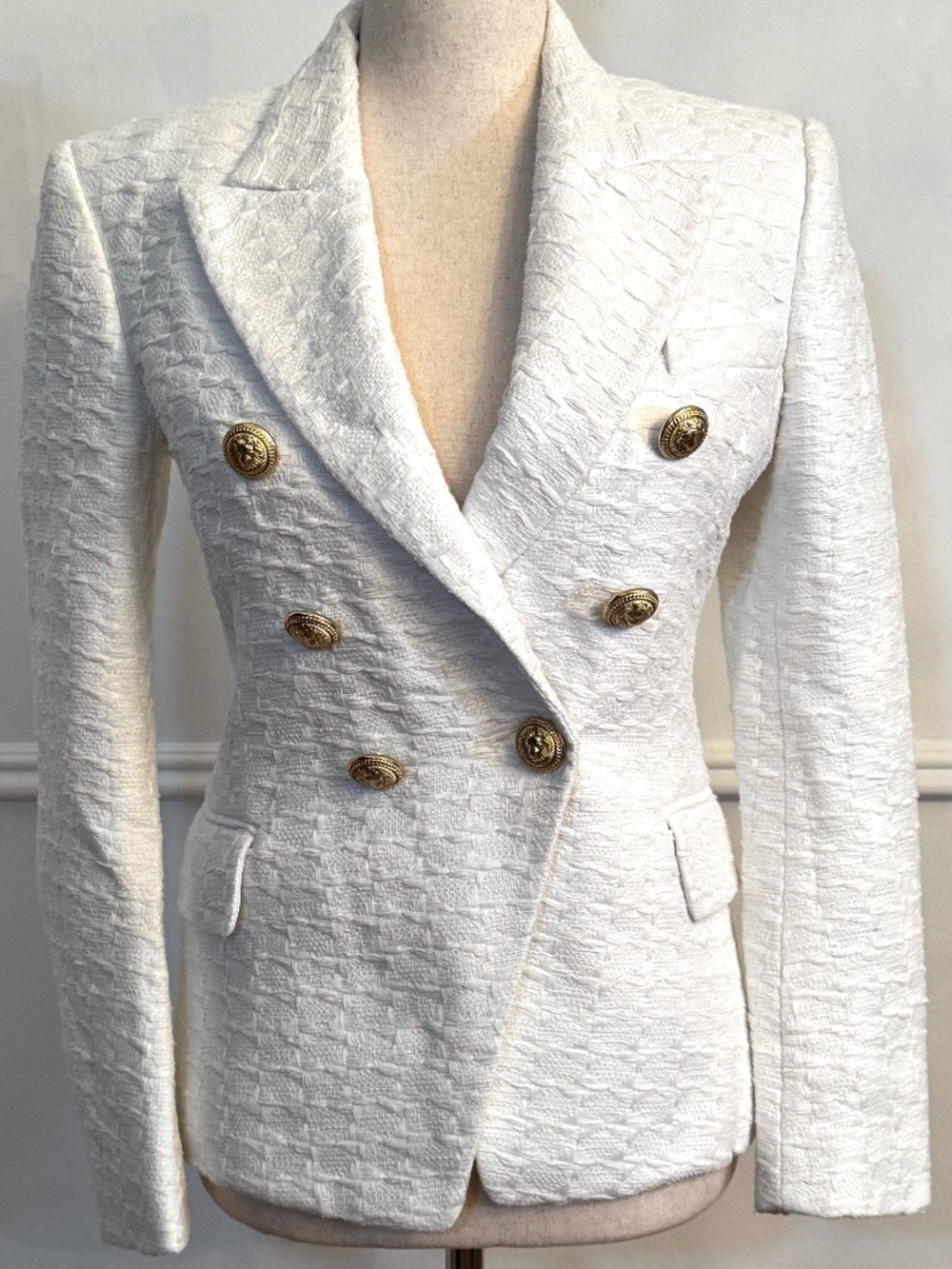 Balmain Ivory Chenille Snake Embossed Double Breasted Blazer Lion Buttons FR 38